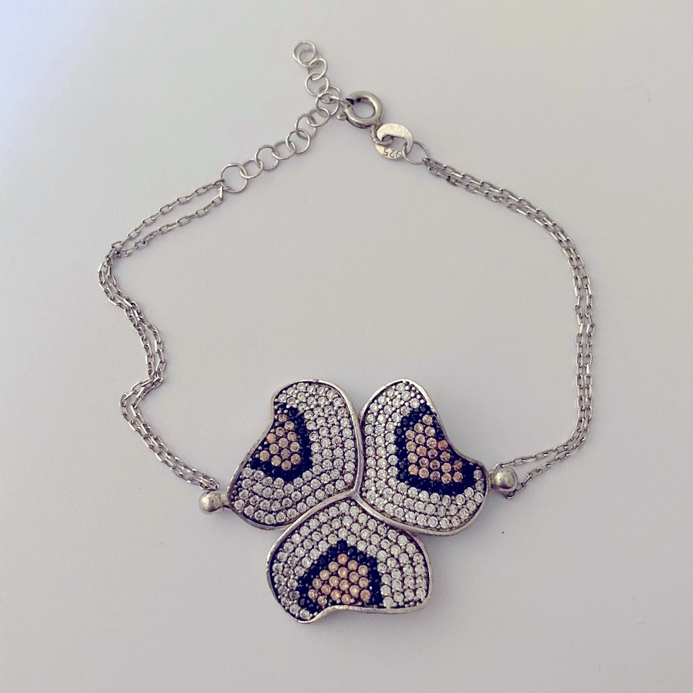 925 Silver clover bracelet cheetah champagne black clear cz stones flower